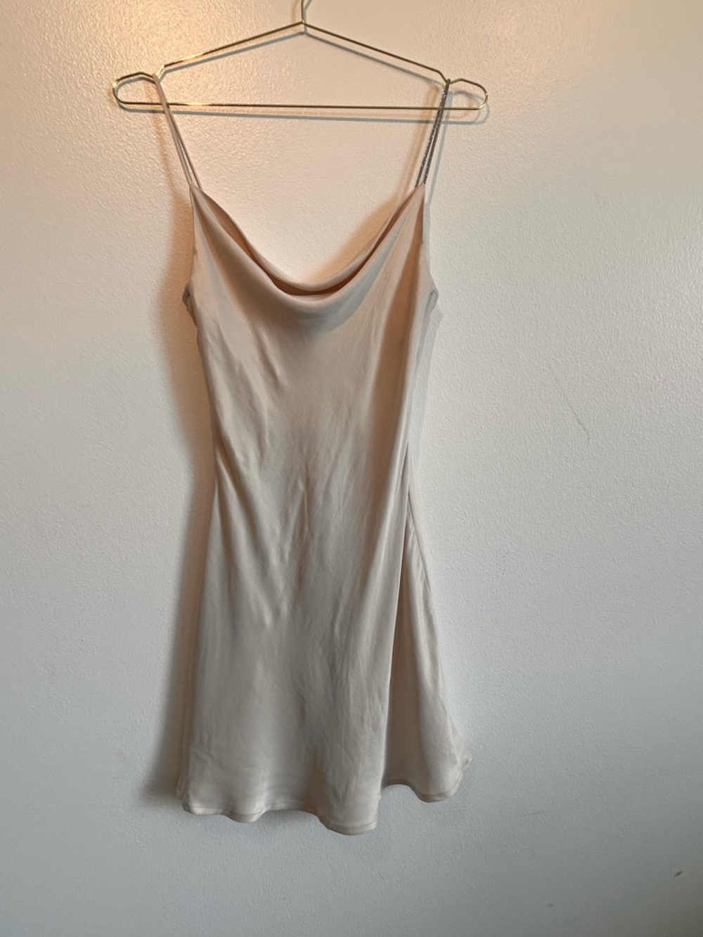 Slip Cowl Neck Satin Mini Dress in Light Beige